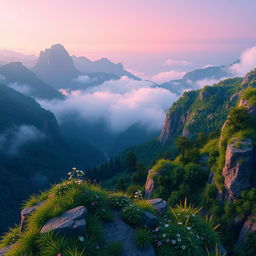 A stunning pixel art landscape showcasing a bird's-eye view of nature featuring majestic mountains and lush forests enveloped in mist during twilight in spring