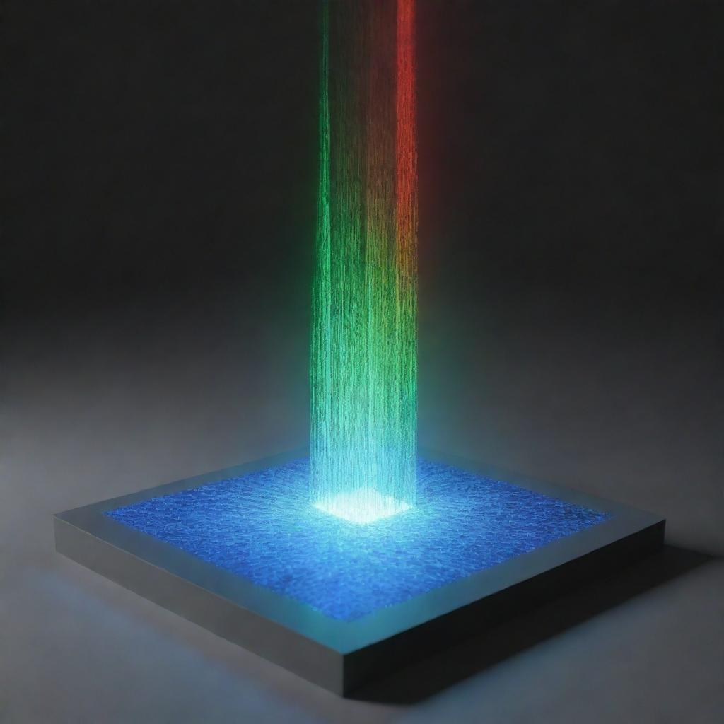 A 3D representation of a monochromatic laser light diffraction experiment. Show a single-color laser beam hitting a screen after passing through a diffraction grating.