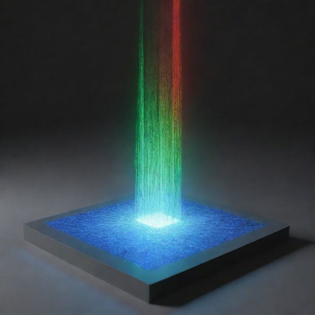 A 3D representation of a monochromatic laser light diffraction experiment. Show a single-color laser beam hitting a screen after passing through a diffraction grating.