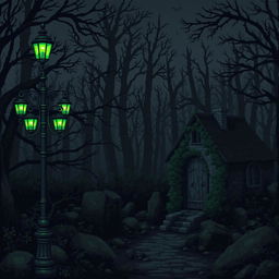 A mysterious nighttime landscape, mystical and slightly gloomy, featuring an ancient lamppost with five glowing green lanterns on the left side, illuminating a dark and dense forest area