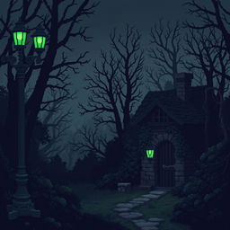 A mysterious nighttime landscape, mystical and slightly gloomy, featuring an ancient lamppost with five glowing green lanterns on the left side, illuminating a dark and dense forest area