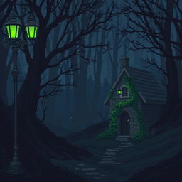 A mysterious nighttime landscape, mystical and slightly gloomy, featuring an ancient lamppost with five glowing green lanterns on the left side, illuminating a dark and dense forest area