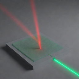 A 3D representation of a monochromatic laser light diffraction experiment. Show a single-color laser beam hitting a screen after passing through a diffraction grating.