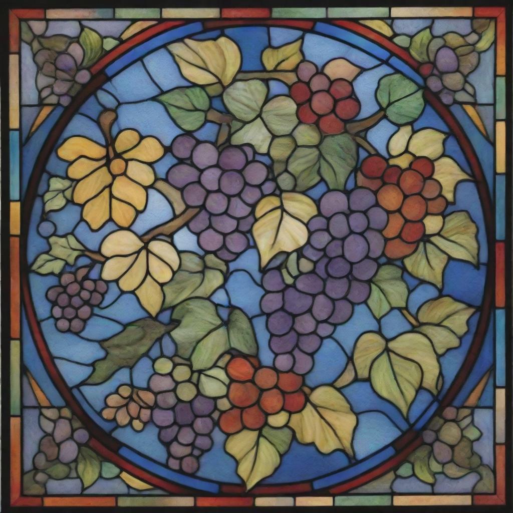 A vibrant stained glass design featuring twirling ivies and bunches of grapes in a rainbow of colors.