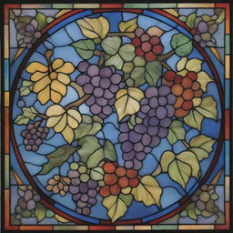 A vibrant stained glass design featuring twirling ivies and bunches of grapes in a rainbow of colors.