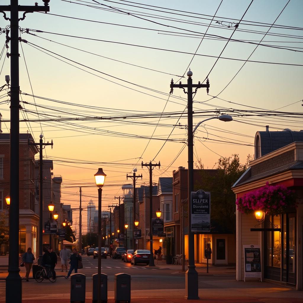 A serene early evening cityscape featuring bustling streets and charming buildings bathed in the warm glow of dusk