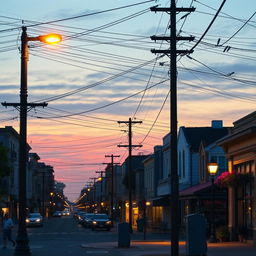 A serene early evening cityscape featuring bustling streets and charming buildings bathed in the warm glow of dusk