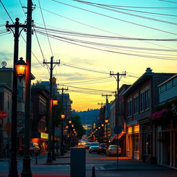 A serene early evening cityscape featuring bustling streets and charming buildings bathed in the warm glow of dusk