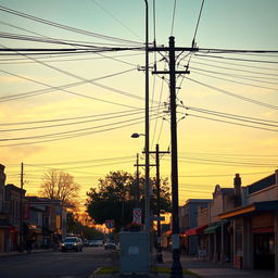 A serene early evening cityscape featuring bustling streets and charming buildings bathed in the warm glow of dusk