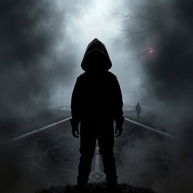 A dark and mysterious book cover featuring the silhouette of a hooded boy standing at a crossroads