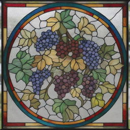 A vibrant stained glass design featuring twirling ivies and bunches of grapes in a rainbow of colors.