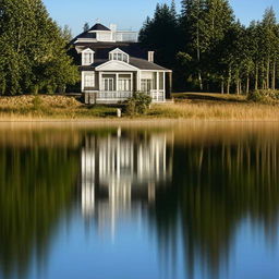 A serene house mirrored on a calm, placid lake