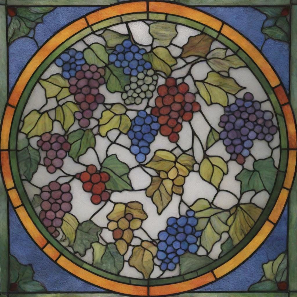 A vibrant stained glass design featuring twirling ivies and bunches of grapes in a rainbow of colors.