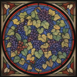 A vibrant stained glass design featuring twirling ivies and bunches of grapes in a rainbow of colors.