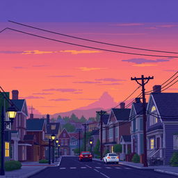 An early evening cityscape featuring pixel art style