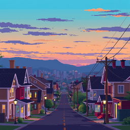 An early evening cityscape featuring pixel art style