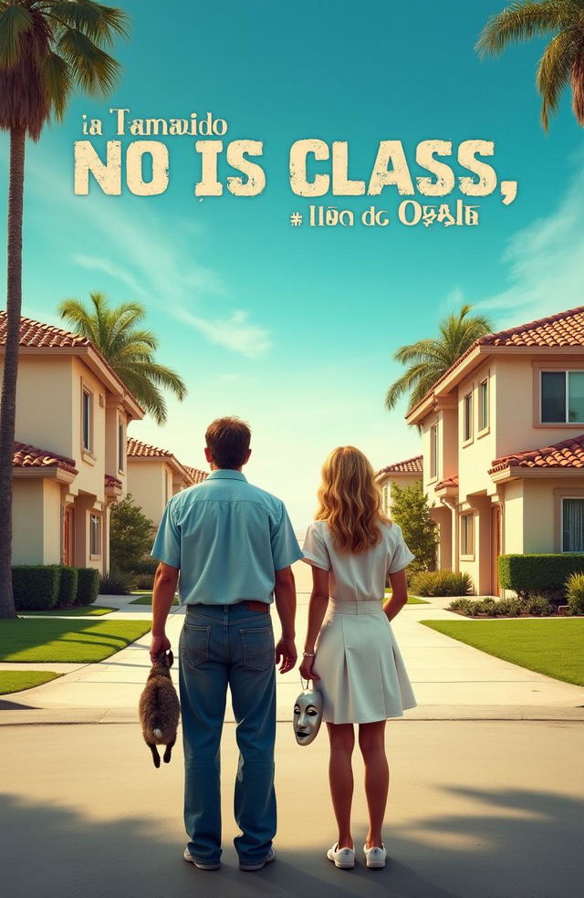 A vibrant movie poster depicting a sunny Spanish-style, middle-class residential area