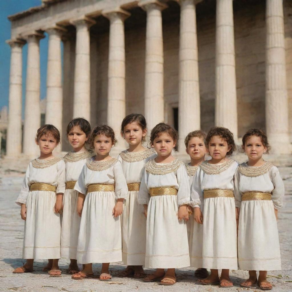 A group of Greek children, dressed in traditional attire, standing in a line against the backdrop of ancient Greek architecture.