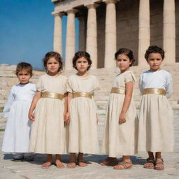 A group of Greek children, dressed in traditional attire, standing in a line against the backdrop of ancient Greek architecture.