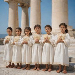 A group of Greek children, dressed in traditional attire, standing in a line against the backdrop of ancient Greek architecture.