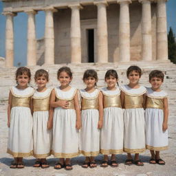 A group of Greek children, dressed in traditional attire, standing in a line against the backdrop of ancient Greek architecture.