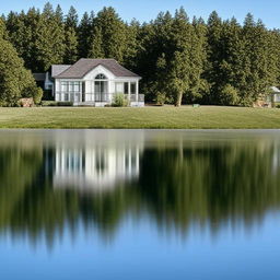 A serene house mirrored on a calm, placid lake