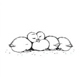 A simple black and white drawing of ducklings peacefully sleeping together on the lake shore