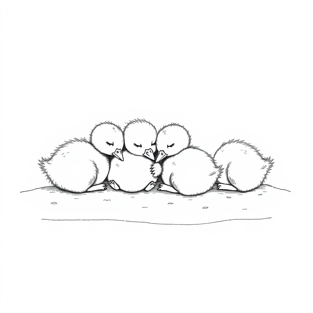 A simple black and white drawing of ducklings peacefully sleeping together on the lake shore