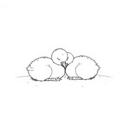 A simple black and white drawing of ducklings peacefully sleeping together on the lake shore