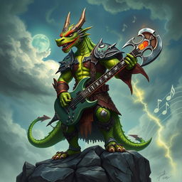 A fierce dragonborn warrior with vibrant green scales, wearing intricate armor adorned with dragon motifs