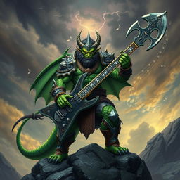 A fierce dragonborn warrior with vibrant green scales, wearing intricate armor adorned with dragon motifs