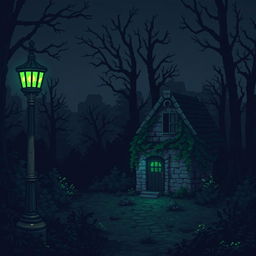 A mysterious nighttime landscape, mystical and slightly gloomy, featuring an ancient lamppost with five glowing green lanterns on the left side, casting light upon a dark and dense forest area