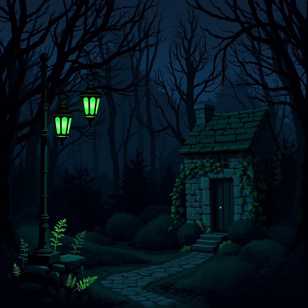 A mysterious nighttime landscape, mystical and slightly gloomy, featuring an ancient lamppost with five glowing green lanterns on the left side, casting light upon a dark and dense forest area