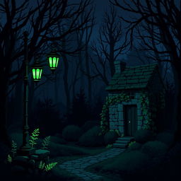 A mysterious nighttime landscape, mystical and slightly gloomy, featuring an ancient lamppost with five glowing green lanterns on the left side, casting light upon a dark and dense forest area