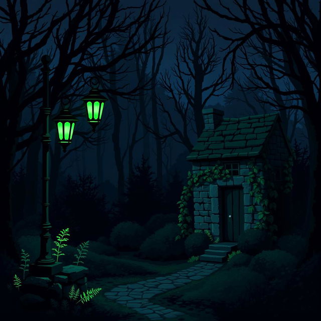 A mysterious nighttime landscape, mystical and slightly gloomy, featuring an ancient lamppost with five glowing green lanterns on the left side, casting light upon a dark and dense forest area