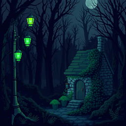 A mysterious nighttime landscape, mystical and slightly gloomy, featuring an ancient lamppost with five glowing green lanterns on the left side, casting light upon a dark and dense forest area