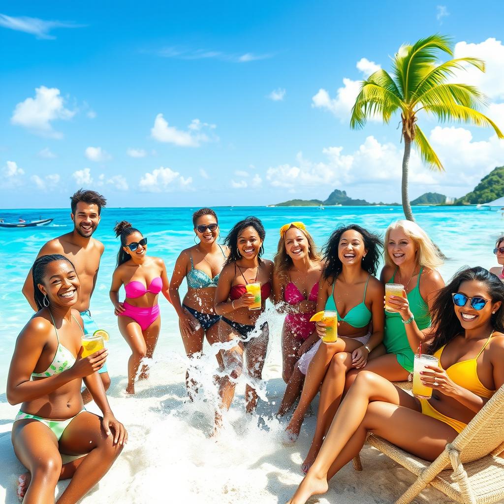 A vibrant beach scene in Antigua and Barbuda featuring a group of adults with playful and humorous expressions