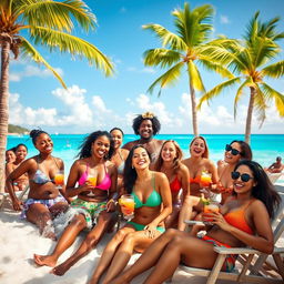 A vibrant beach scene in Antigua and Barbuda featuring a group of adults with playful and humorous expressions