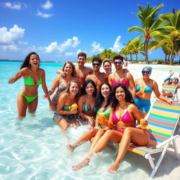 A vibrant beach scene in Antigua and Barbuda featuring a group of adults with playful and humorous expressions