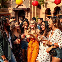 A vibrant and humorous scene featuring a diverse group of attractive individuals, all laughing and enjoying themselves at a lively outdoor party in Jordan