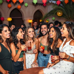 A vibrant and humorous scene featuring a diverse group of attractive individuals, all laughing and enjoying themselves at a lively outdoor party in Jordan