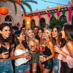 A vibrant and humorous scene featuring a diverse group of attractive individuals, all laughing and enjoying themselves at a lively outdoor party in Jordan