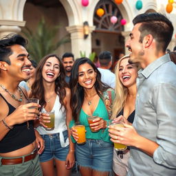 A vibrant and humorous scene featuring a diverse group of attractive individuals, all laughing and enjoying themselves at a lively outdoor party in Jordan