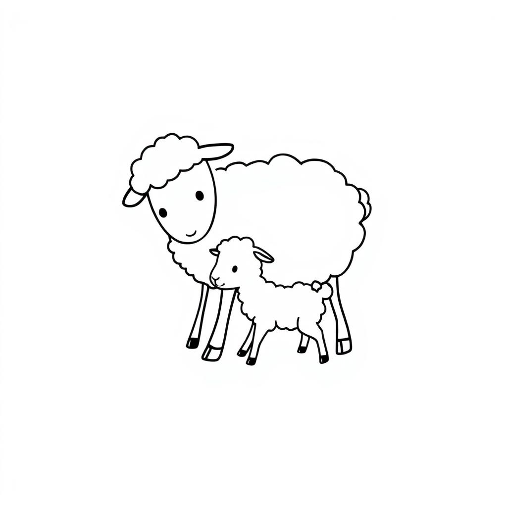 A simplistic black and white drawing of a sheep playing with her lamb, featuring a clean and minimalistic white background