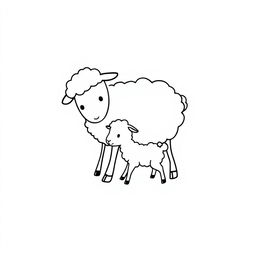 A simplistic black and white drawing of a sheep playing with her lamb, featuring a clean and minimalistic white background