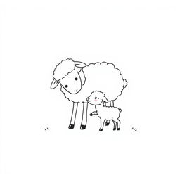 A simplistic black and white drawing of a sheep playing with her lamb, featuring a clean and minimalistic white background