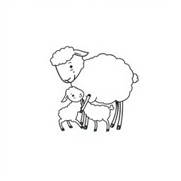 A simplistic black and white drawing of a sheep playing with her lamb, featuring a clean and minimalistic white background