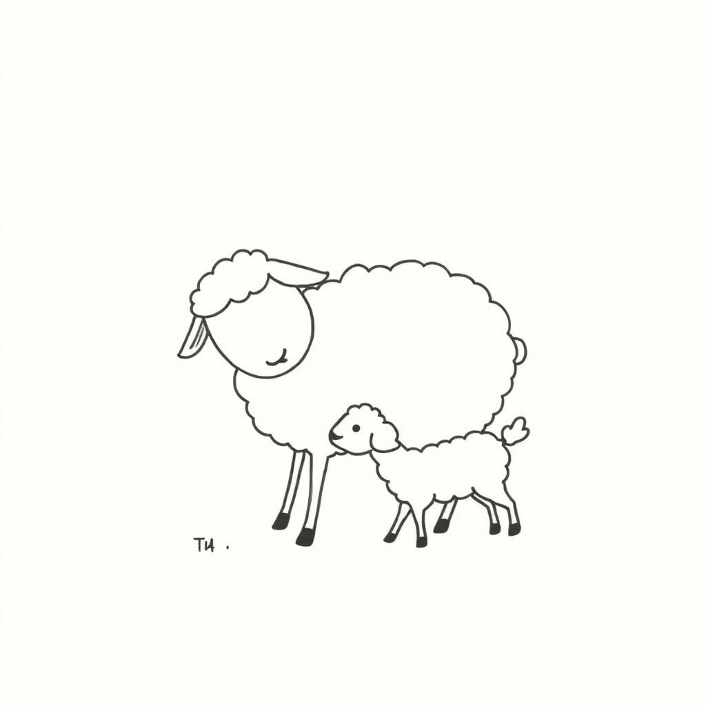 A simplistic black and white drawing of a sheep playing with her lamb, featuring a clean and minimalistic white background