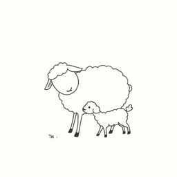 A simplistic black and white drawing of a sheep playing with her lamb, featuring a clean and minimalistic white background