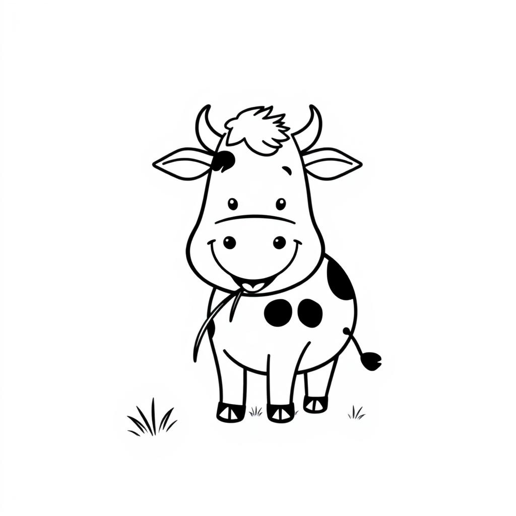 A simplistic black and white drawing of a smiling cow chewing grass, set against a clean and minimalistic white background